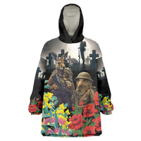 Kangaroo-Kiwi Soldier ANZAC Personalised Wearable Blanket Hoodie Golden Wattle Poppy Flowers LT9 One Size Black - Polynesian Pride