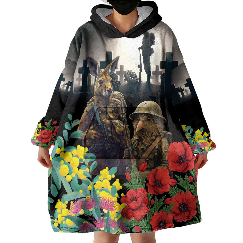 Kangaroo-Kiwi Soldier ANZAC Personalised Wearable Blanket Hoodie Golden Wattle Poppy Flowers LT9 - Polynesian Pride