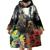 Kangaroo-Kiwi Soldier ANZAC Personalised Wearable Blanket Hoodie Golden Wattle Poppy Flowers LT9 - Polynesian Pride