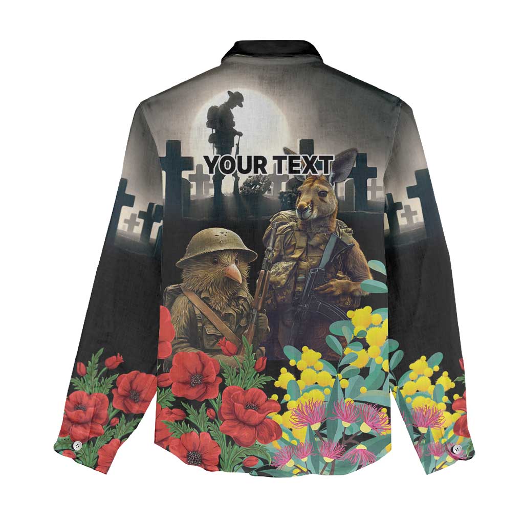Kangaroo-Kiwi Soldier ANZAC Personalised Women Casual Shirt Golden Wattle Poppy Flowers LT9 - Polynesian Pride