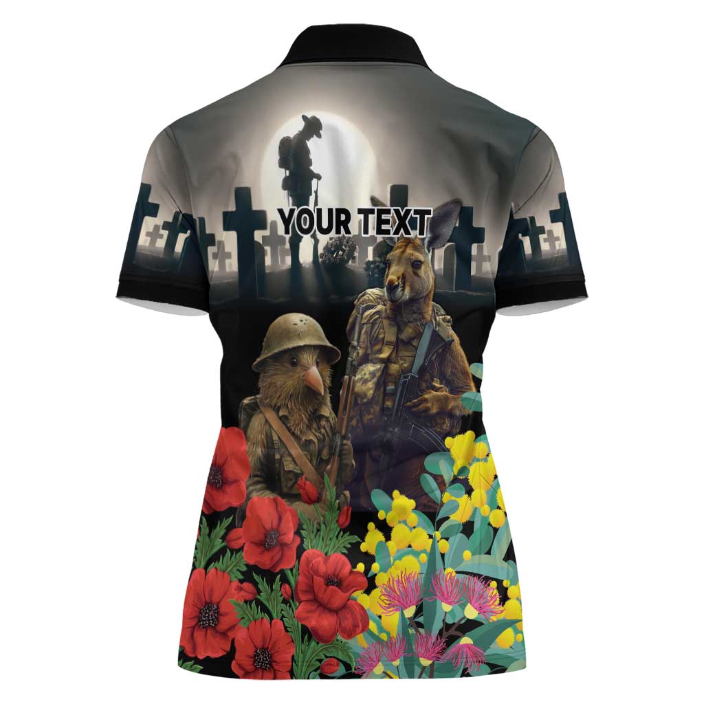 Kangaroo-Kiwi Soldier ANZAC Personalised Women Polo Shirt Golden Wattle Poppy Flowers LT9 - Polynesian Pride