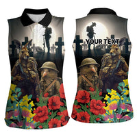 Kangaroo-Kiwi Soldier ANZAC Personalised Women Sleeveless Polo Shirt Golden Wattle Poppy Flowers LT9 - Polynesian Pride