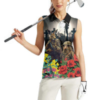 Kangaroo-Kiwi Soldier ANZAC Personalised Women Sleeveless Polo Shirt Golden Wattle Poppy Flowers LT9 - Polynesian Pride
