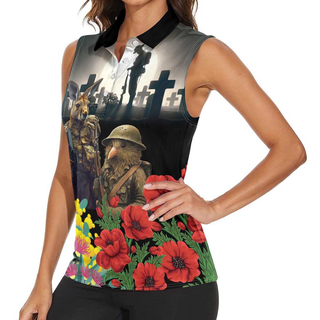 Kangaroo-Kiwi Soldier ANZAC Personalised Women Sleeveless Polo Shirt Golden Wattle Poppy Flowers LT9 - Polynesian Pride