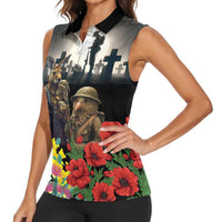 Kangaroo-Kiwi Soldier ANZAC Personalised Women Sleeveless Polo Shirt Golden Wattle Poppy Flowers LT9 - Polynesian Pride