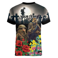 Kangaroo-Kiwi Soldier ANZAC Personalised Women V-Neck T-Shirt Golden Wattle Poppy Flowers LT9 - Polynesian Pride