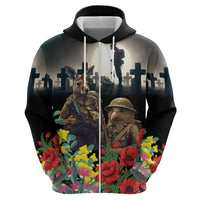 Kangaroo-Kiwi Soldier ANZAC Personalised Zip Hoodie Golden Wattle Poppy Flowers LT9 - Polynesian Pride