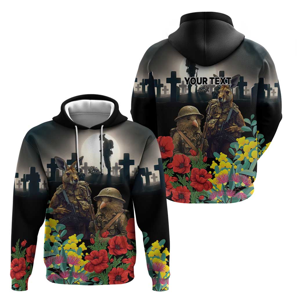 Kangaroo-Kiwi Soldier ANZAC Personalised Zip Hoodie Golden Wattle Poppy Flowers LT9 - Polynesian Pride