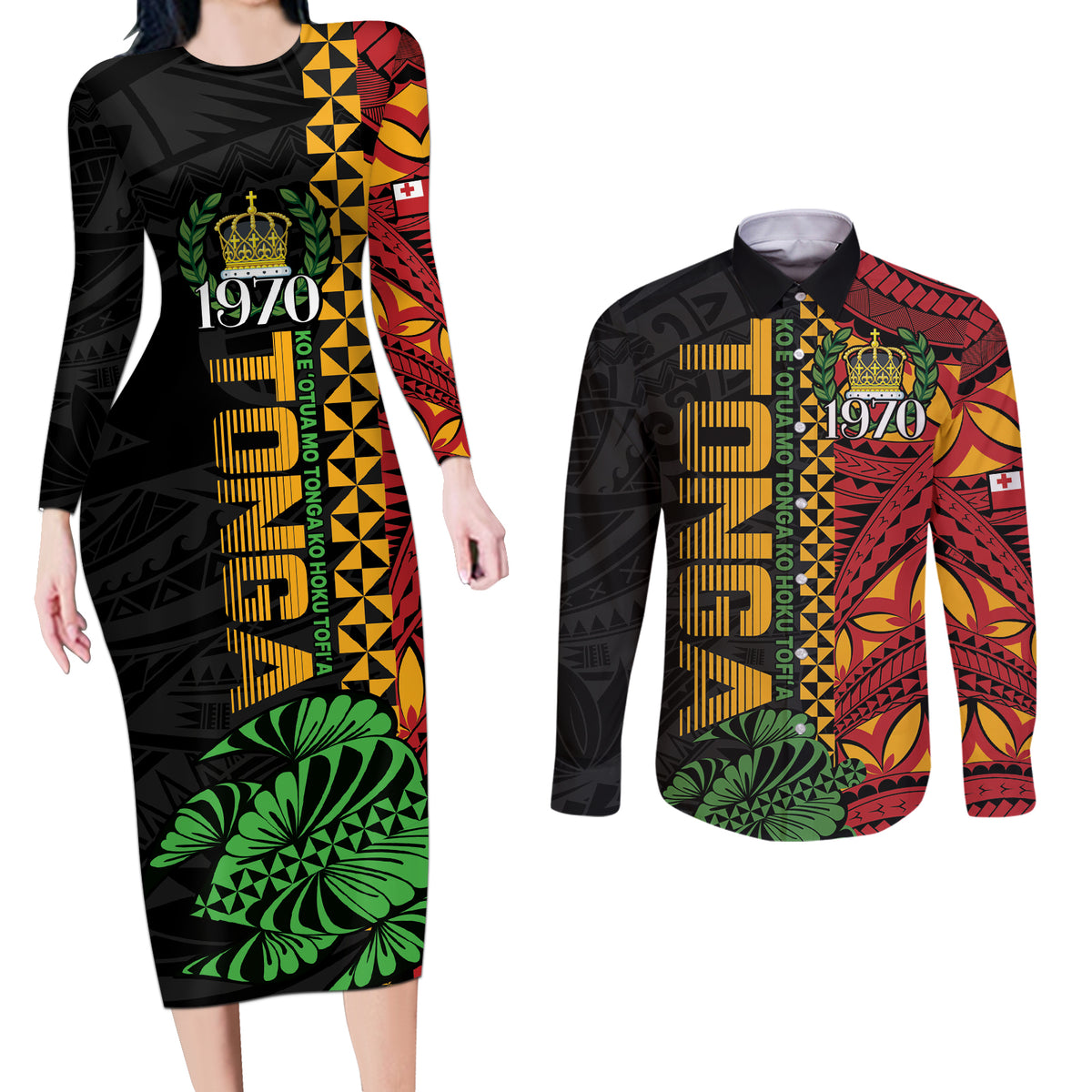 Personalised Tonga Emancipation Day Couples Matching Long Sleeve Bodycon Dress and Long Sleeve Button Shirt Puleanga Fakatui O Since 1970 LT9 Red - Polynesian Pride