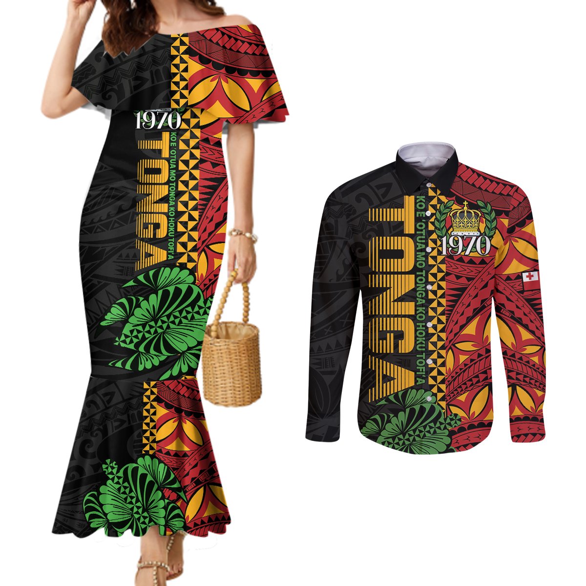 Personalised Tonga Emancipation Day Couples Matching Mermaid Dress and Long Sleeve Button Shirt Puleanga Fakatui O Since 1970 LT9 Red - Polynesian Pride