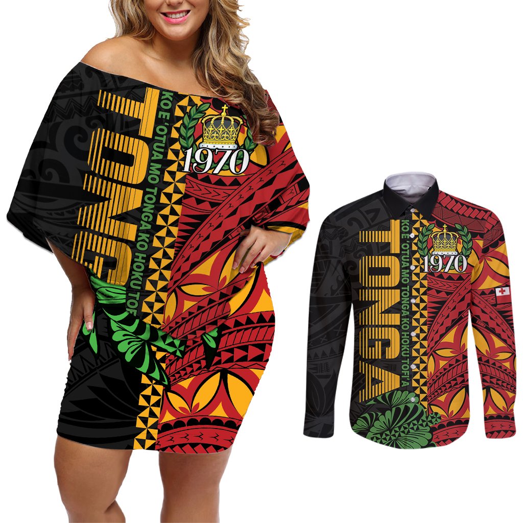 Personalised Tonga Emancipation Day Couples Matching Off Shoulder Short Dress and Long Sleeve Button Shirt Puleanga Fakatui O Since 1970 LT9 Red - Polynesian Pride