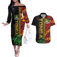 Personalised Tonga Emancipation Day Couples Matching Off The Shoulder Long Sleeve Dress and Hawaiian Shirt Puleanga Fakatui O Since 1970 LT9 Red - Polynesian Pride