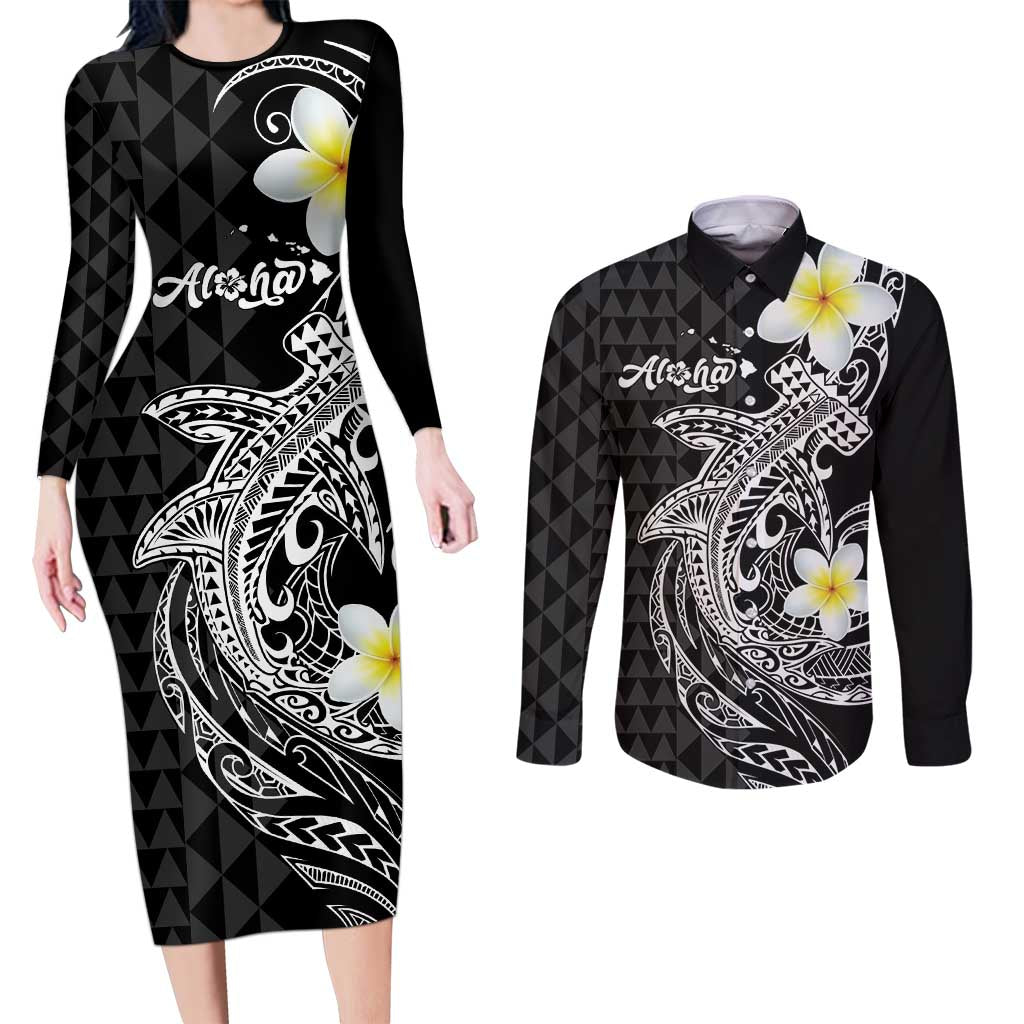 Aloha Hammerhead Shark Couples Matching Long Sleeve Bodycon Dress and Long Sleeve Button Shirt Black Hawaiian Kakau Tribal Tattoo LT9 Black - Polynesian Pride