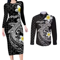 Aloha Hammerhead Shark Couples Matching Long Sleeve Bodycon Dress and Long Sleeve Button Shirt Black Hawaiian Kakau Tribal Tattoo LT9 Black - Polynesian Pride