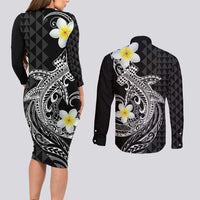 Aloha Hammerhead Shark Couples Matching Long Sleeve Bodycon Dress and Long Sleeve Button Shirt Black Hawaiian Kakau Tribal Tattoo LT9 - Polynesian Pride