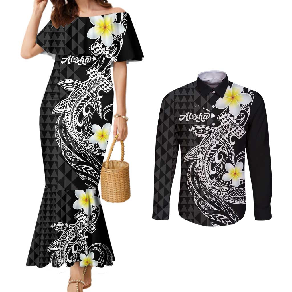 Aloha Hammerhead Shark Couples Matching Mermaid Dress and Long Sleeve Button Shirt Black Hawaiian Kakau Tribal Tattoo LT9 Black - Polynesian Pride