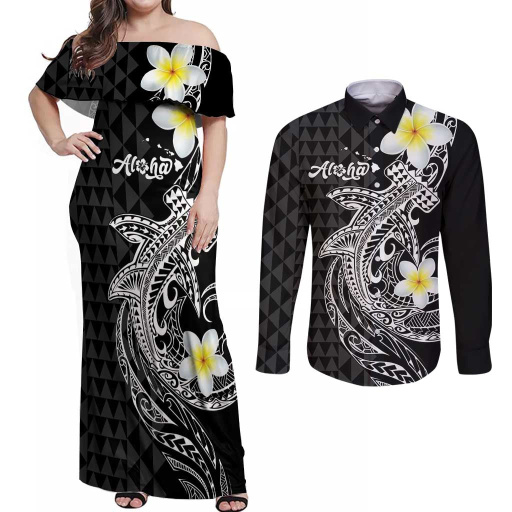 Aloha Hammerhead Shark Couples Matching Off Shoulder Maxi Dress and Long Sleeve Button Shirt Black Hawaiian Kakau Tribal Tattoo LT9 Black - Polynesian Pride