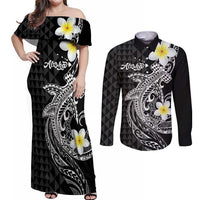 Aloha Hammerhead Shark Couples Matching Off Shoulder Maxi Dress and Long Sleeve Button Shirt Black Hawaiian Kakau Tribal Tattoo LT9 Black - Polynesian Pride