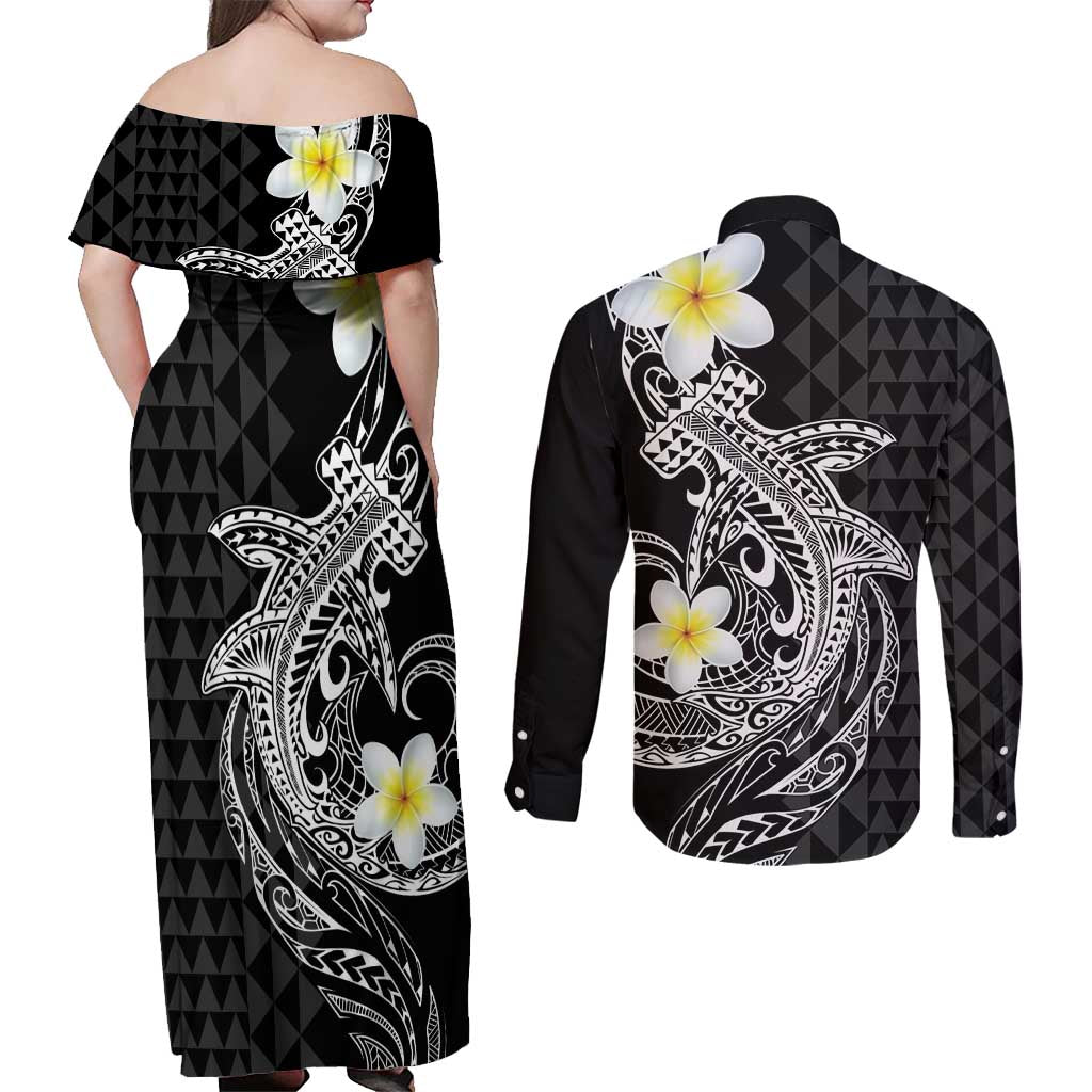 Aloha Hammerhead Shark Couples Matching Off Shoulder Maxi Dress and Long Sleeve Button Shirt Black Hawaiian Kakau Tribal Tattoo LT9 - Polynesian Pride