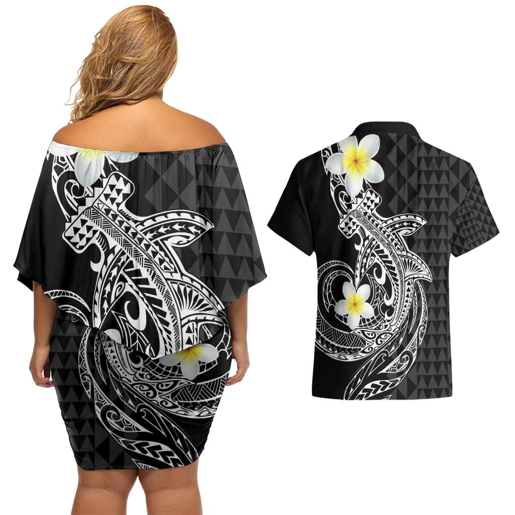 Aloha Hammerhead Shark Couples Matching Off Shoulder Short Dress and Hawaiian Shirt Black Hawaiian Kakau Tribal Tattoo LT9 - Polynesian Pride