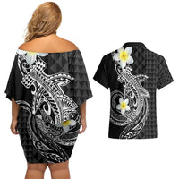 Aloha Hammerhead Shark Couples Matching Off Shoulder Short Dress and Hawaiian Shirt Black Hawaiian Kakau Tribal Tattoo LT9 - Polynesian Pride