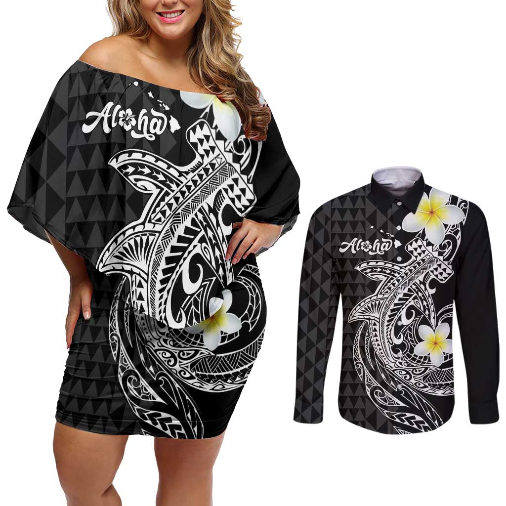 Aloha Hammerhead Shark Couples Matching Off Shoulder Short Dress and Long Sleeve Button Shirt Black Hawaiian Kakau Tribal Tattoo LT9 Black - Polynesian Pride