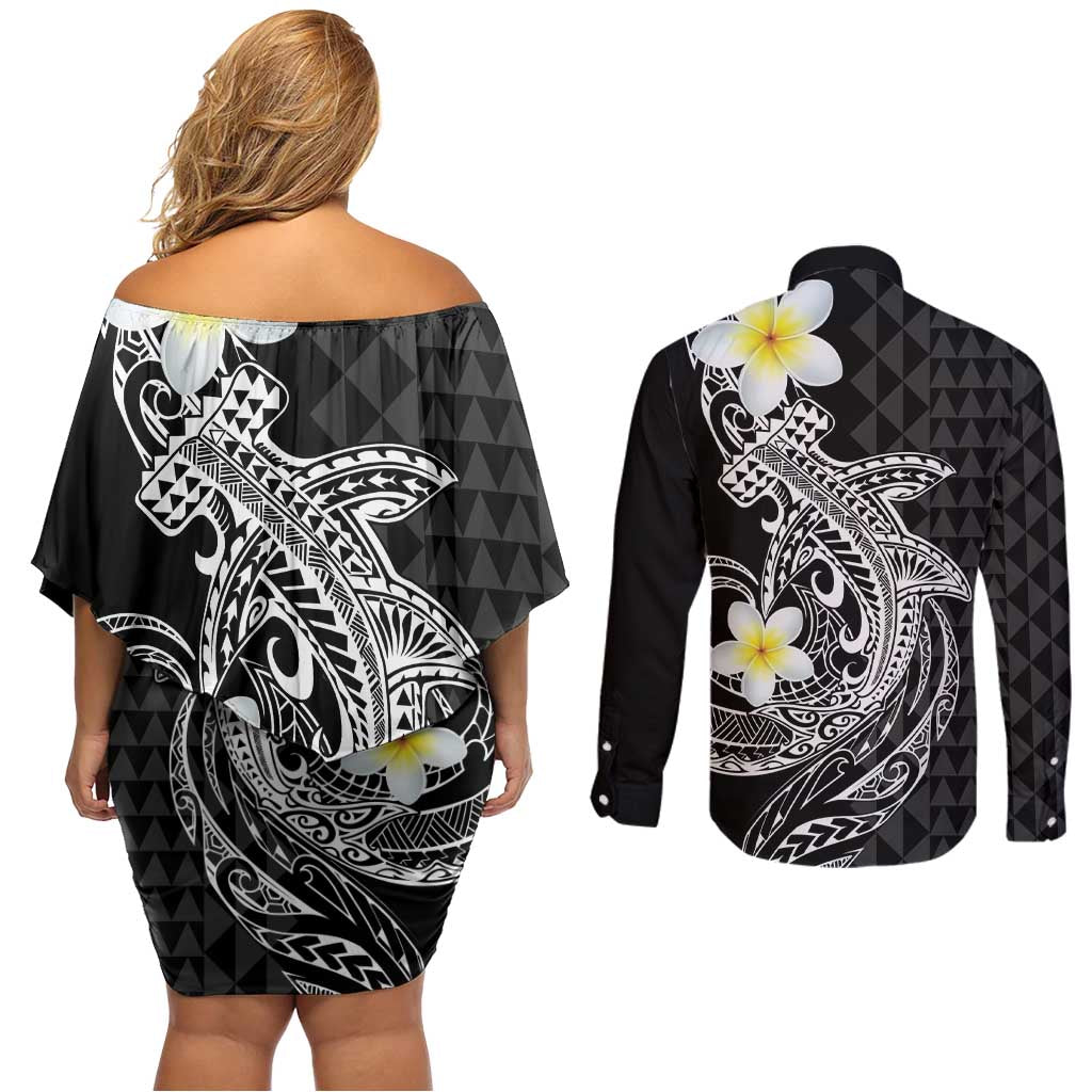 Aloha Hammerhead Shark Couples Matching Off Shoulder Short Dress and Long Sleeve Button Shirt Black Hawaiian Kakau Tribal Tattoo LT9 - Polynesian Pride