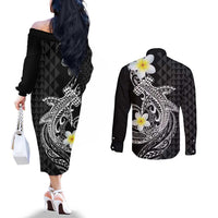 Aloha Hammerhead Shark Couples Matching Off The Shoulder Long Sleeve Dress and Long Sleeve Button Shirt Black Hawaiian Kakau Tribal Tattoo LT9 - Polynesian Pride
