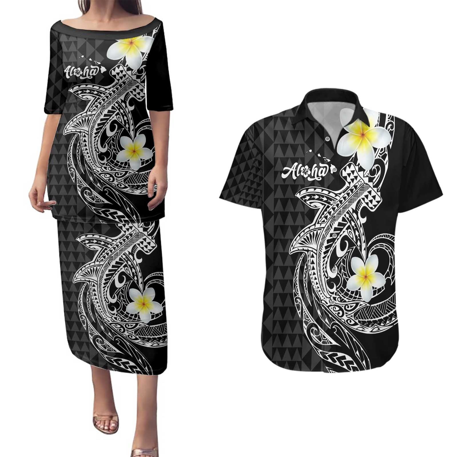Aloha Hammerhead Shark Couples Matching Puletasi and Hawaiian Shirt Black Hawaiian Kakau Tribal Tattoo