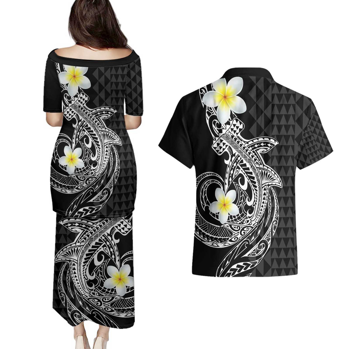 Aloha Hammerhead Shark Couples Matching Puletasi and Hawaiian Shirt Black Hawaiian Kakau Tribal Tattoo LT9 - Polynesian Pride