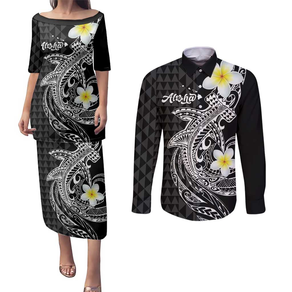 Aloha Hammerhead Shark Couples Matching Puletasi and Long Sleeve Button Shirt Black Hawaiian Kakau Tribal Tattoo