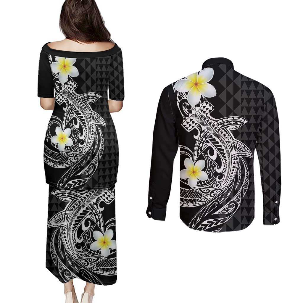 Aloha Hammerhead Shark Couples Matching Puletasi and Long Sleeve Button Shirt Black Hawaiian Kakau Tribal Tattoo LT9 - Polynesian Pride