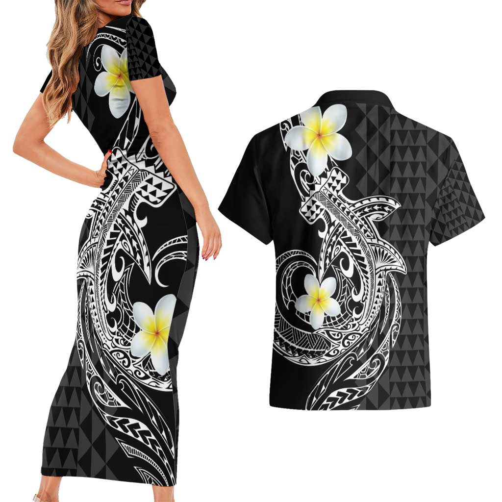 Aloha Hammerhead Shark Couples Matching Short Sleeve Bodycon Dress and Hawaiian Shirt Black Hawaiian Kakau Tribal Tattoo LT9 - Polynesian Pride