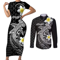 Aloha Hammerhead Shark Couples Matching Short Sleeve Bodycon Dress and Long Sleeve Button Shirt Black Hawaiian Kakau Tribal Tattoo LT9 Black - Polynesian Pride