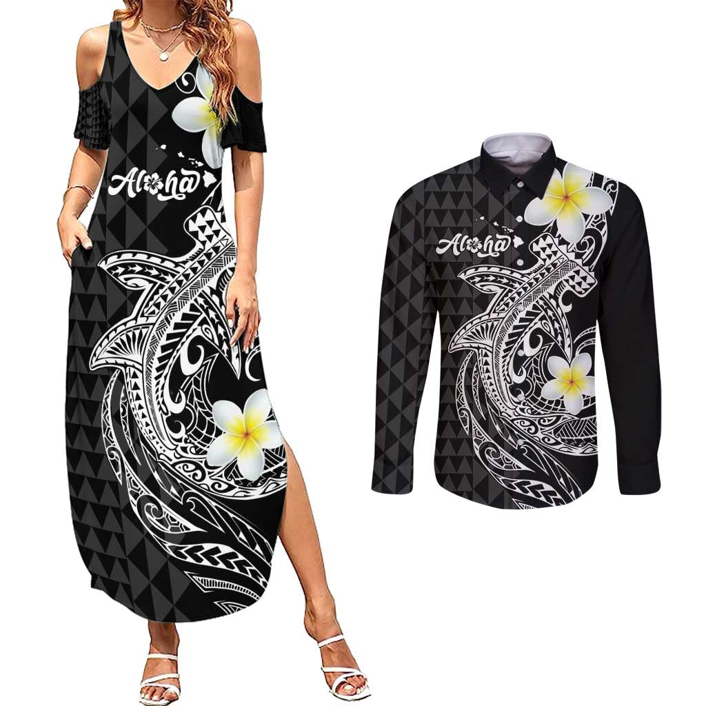 Aloha Hammerhead Shark Couples Matching Summer Maxi Dress and Long Sleeve Button Shirt Black Hawaiian Kakau Tribal Tattoo LT9 Black - Polynesian Pride