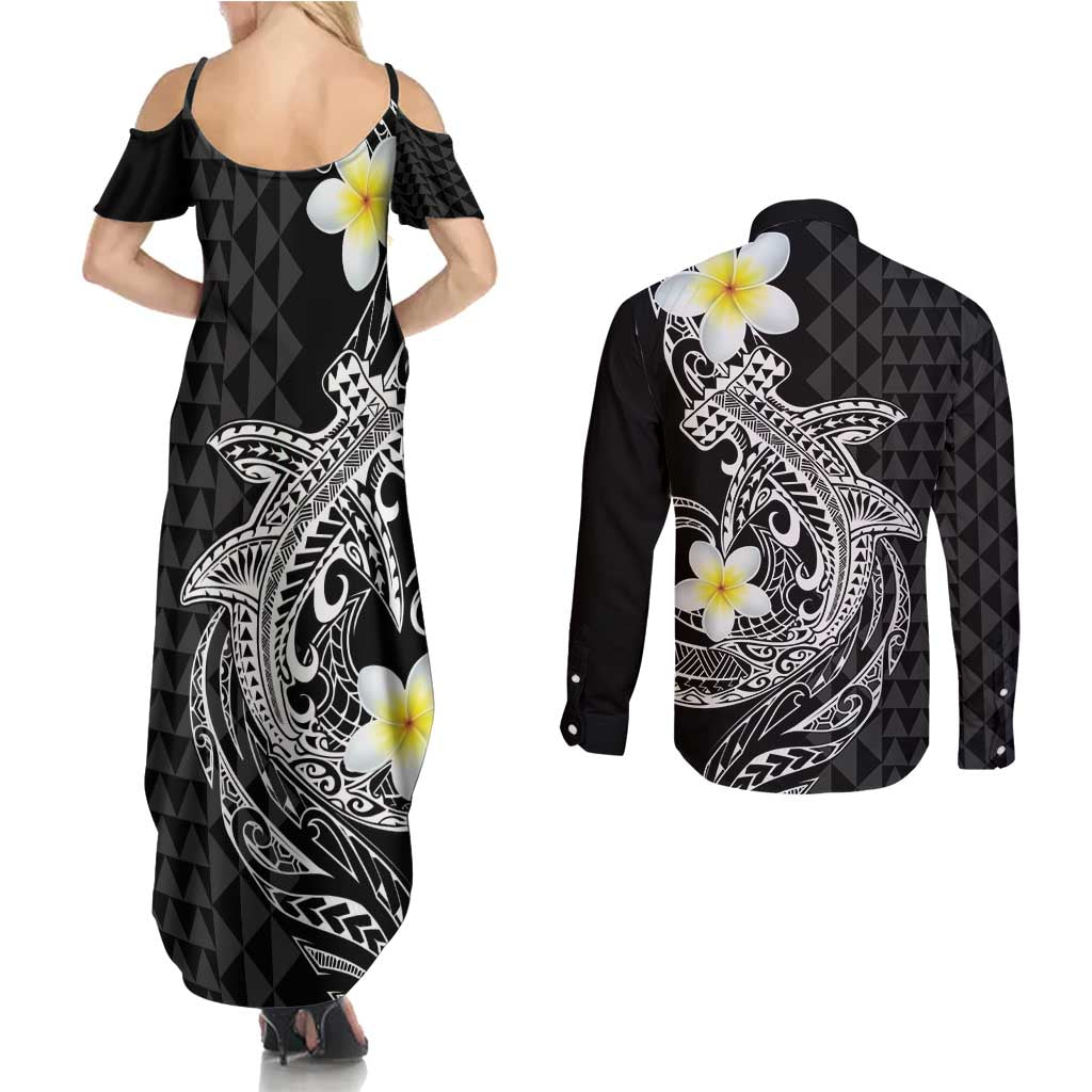 Aloha Hammerhead Shark Couples Matching Summer Maxi Dress and Long Sleeve Button Shirt Black Hawaiian Kakau Tribal Tattoo LT9 - Polynesian Pride