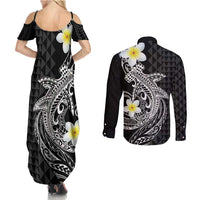 Aloha Hammerhead Shark Couples Matching Summer Maxi Dress and Long Sleeve Button Shirt Black Hawaiian Kakau Tribal Tattoo LT9 - Polynesian Pride
