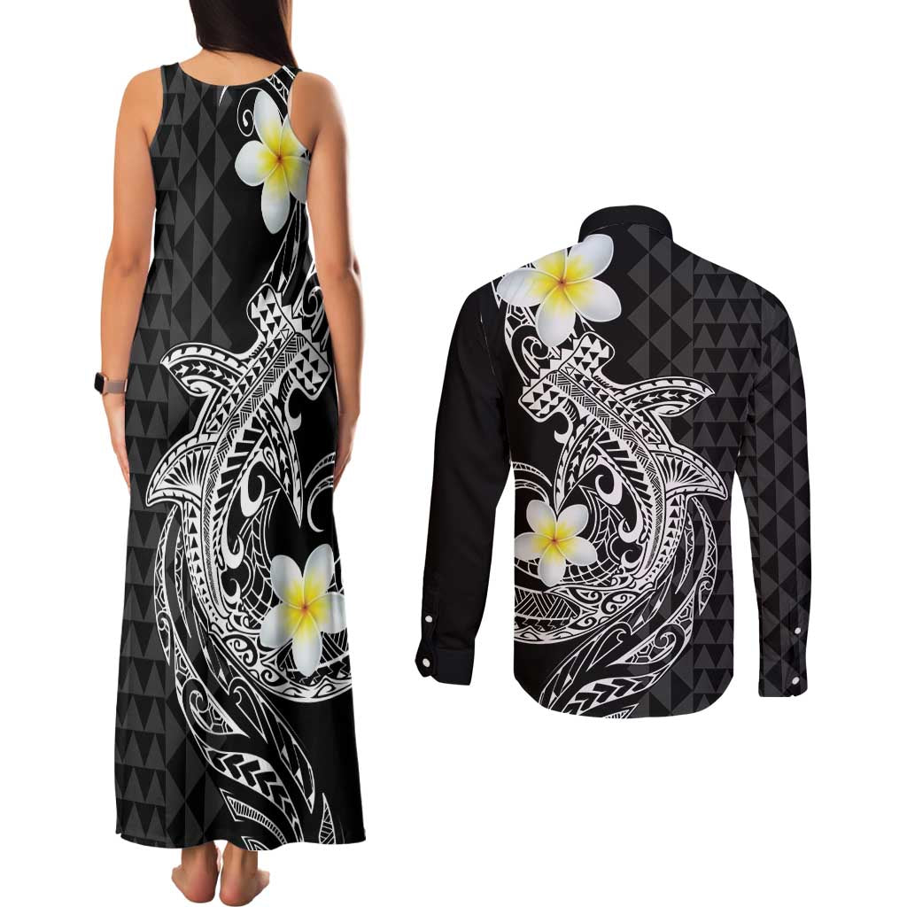 Aloha Hammerhead Shark Couples Matching Tank Maxi Dress and Long Sleeve Button Shirt Black Hawaiian Kakau Tribal Tattoo LT9 - Polynesian Pride