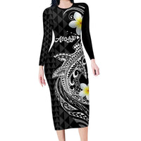 Aloha Hammerhead Shark Family Matching Long Sleeve Bodycon Dress and Hawaiian Shirt Black Hawaiian Kakau Tribal Tattoo LT9 Mom's Dress Black - Polynesian Pride