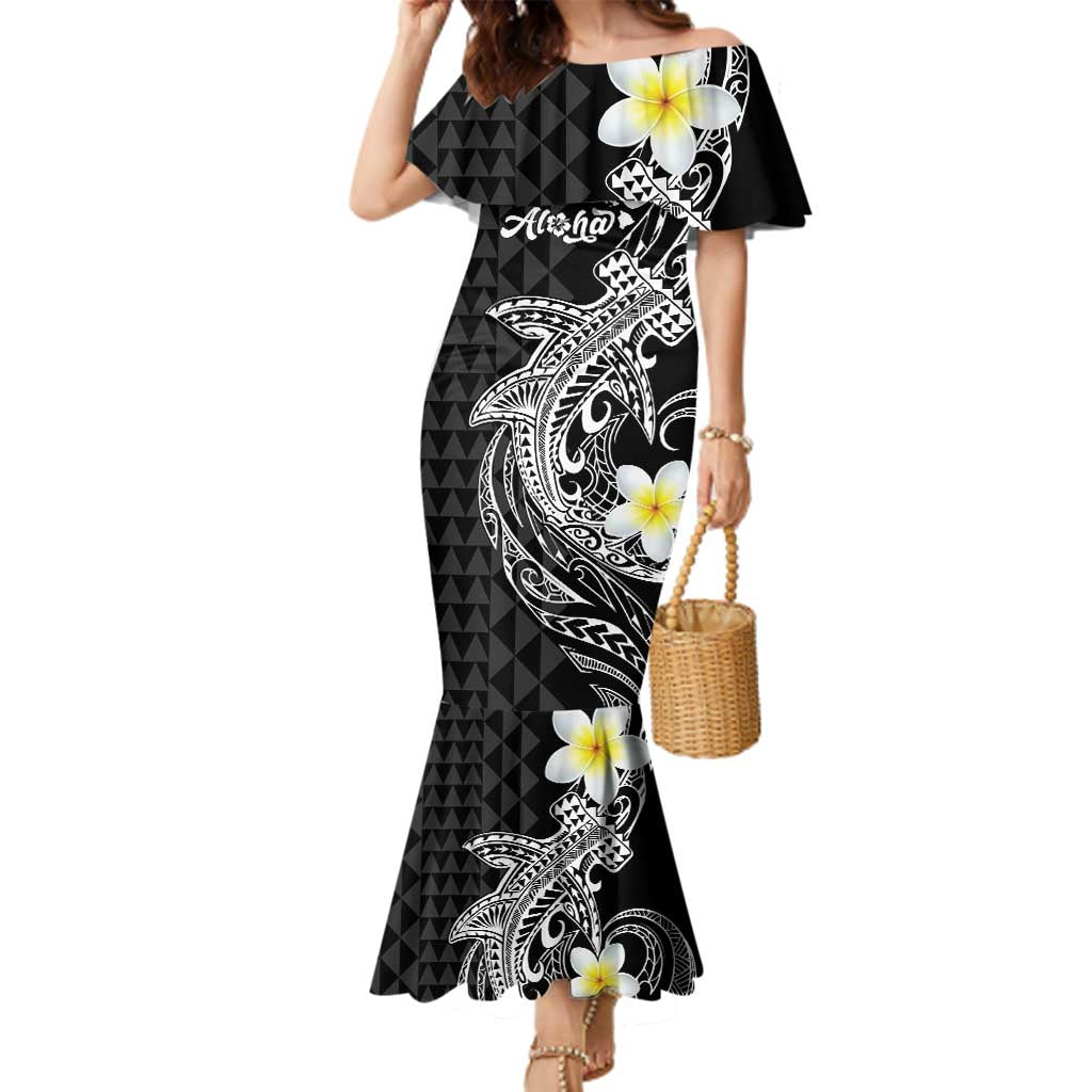 Aloha Hammerhead Shark Family Matching Mermaid Dress and Hawaiian Shirt Black Hawaiian Kakau Tribal Tattoo LT9 Mom's Dress Black - Polynesian Pride