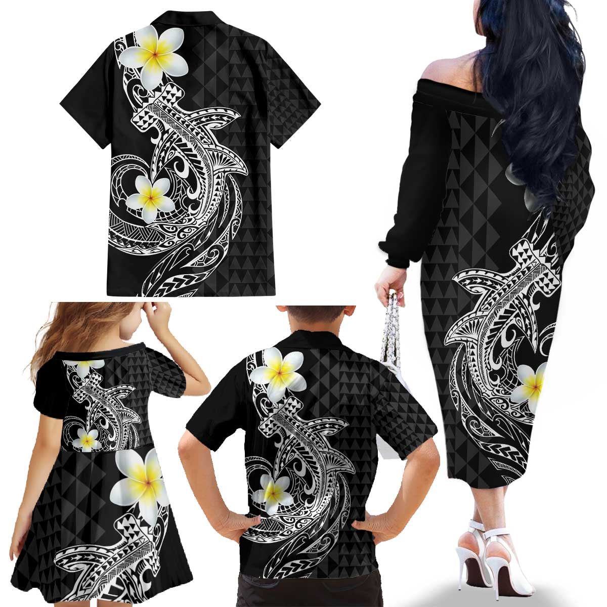 Aloha Hammerhead Shark Family Matching Off The Shoulder Long Sleeve Dress and Hawaiian Shirt Black Hawaiian Kakau Tribal Tattoo LT9 - Polynesian Pride