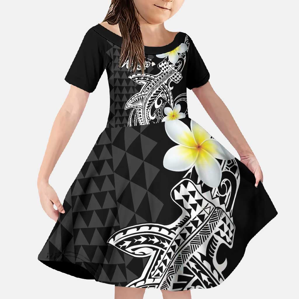 Aloha Hammerhead Shark Family Matching Off Shoulder Maxi Dress and Hawaiian Shirt Black Hawaiian Kakau Tribal Tattoo LT9 Daughter's Dress Black - Polynesian Pride