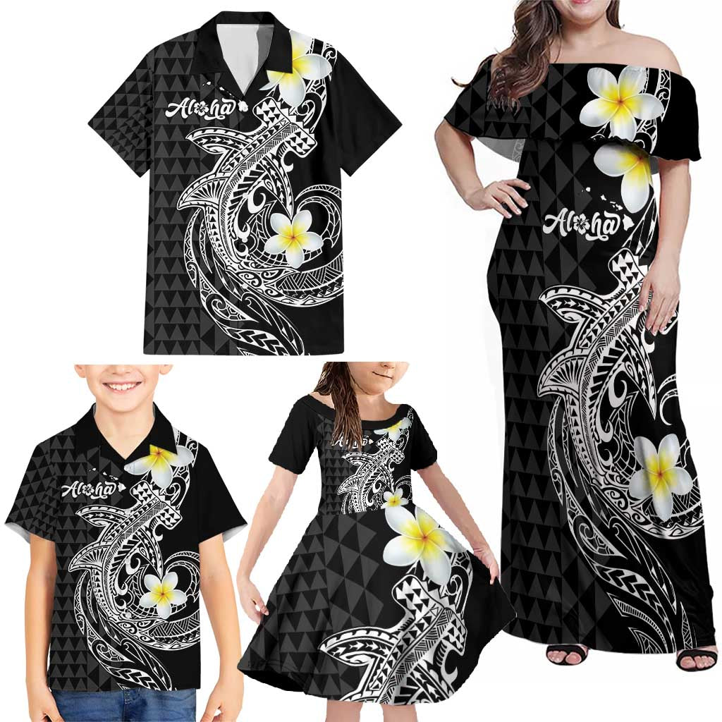 Aloha Hammerhead Shark Family Matching Off Shoulder Maxi Dress and Hawaiian Shirt Black Hawaiian Kakau Tribal Tattoo LT9 - Polynesian Pride