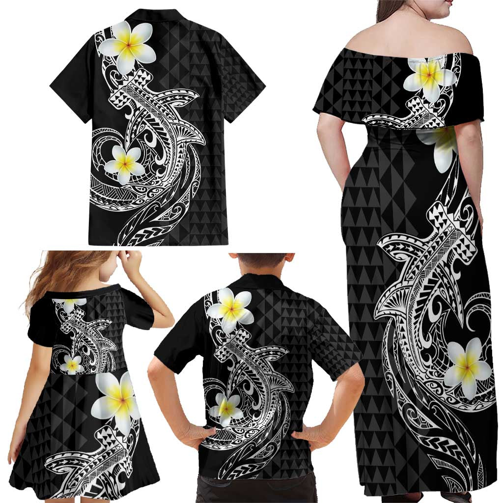 Aloha Hammerhead Shark Family Matching Off Shoulder Maxi Dress and Hawaiian Shirt Black Hawaiian Kakau Tribal Tattoo LT9 - Polynesian Pride