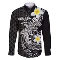 Aloha Hammerhead Shark Family Matching Off Shoulder Maxi Dress and Hawaiian Shirt Black Hawaiian Kakau Tribal Tattoo LT9 Dad's Shirt - Long Sleeve Black - Polynesian Pride