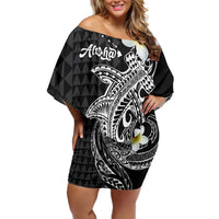 Aloha Hammerhead Shark Family Matching Off Shoulder Short Dress and Hawaiian Shirt Black Hawaiian Kakau Tribal Tattoo LT9 Mom's Dress Black - Polynesian Pride