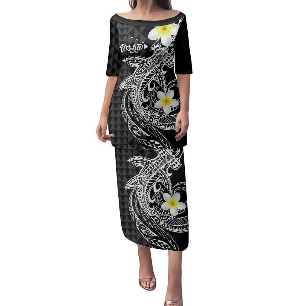Aloha Hammerhead Shark Family Matching Puletasi and Hawaiian Shirt Black Hawaiian Kakau Tribal Tattoo LT9 Mom's Dress Black - Polynesian Pride