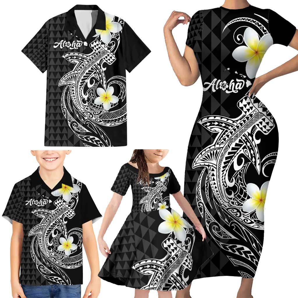 Aloha Hammerhead Shark Family Matching Short Sleeve Bodycon Dress and Hawaiian Shirt Black Hawaiian Kakau Tribal Tattoo LT9 - Polynesian Pride