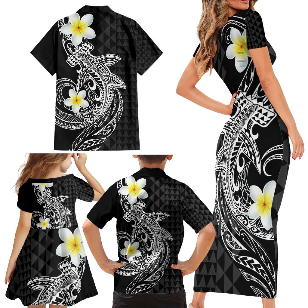 Aloha Hammerhead Shark Family Matching Short Sleeve Bodycon Dress and Hawaiian Shirt Black Hawaiian Kakau Tribal Tattoo LT9 - Polynesian Pride