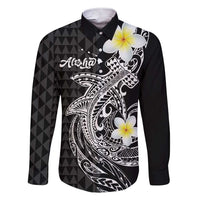 Aloha Hammerhead Shark Family Matching Short Sleeve Bodycon Dress and Hawaiian Shirt Black Hawaiian Kakau Tribal Tattoo LT9 Dad's Shirt - Long Sleeve Black - Polynesian Pride
